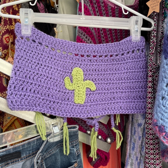 Upcycled bell bottom jeans & hand crocheted tube top. Cacti’s can be removed - Picture 5 of 8